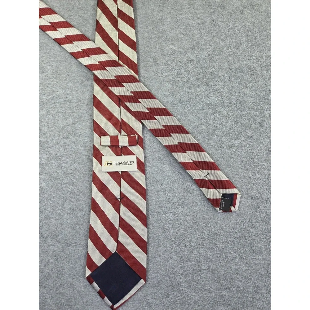 R. Hanauer Silk Repp Tie Made in USA Handmade Silk Classic Red and Cream Stripe